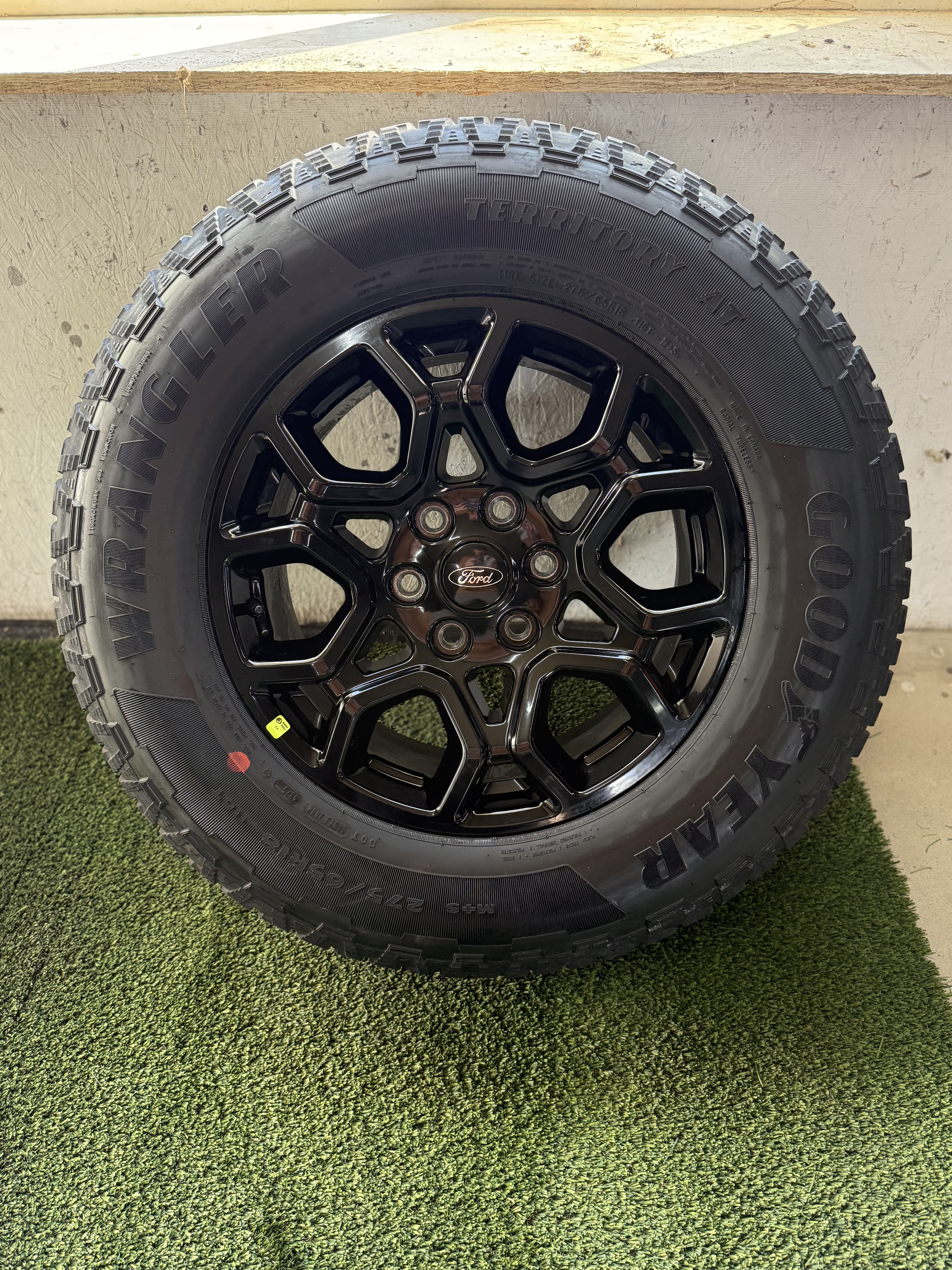 Gloss Black 18" F-150 Wheels with Goodyear Wrangler Territory AT 275/65R18 Tires